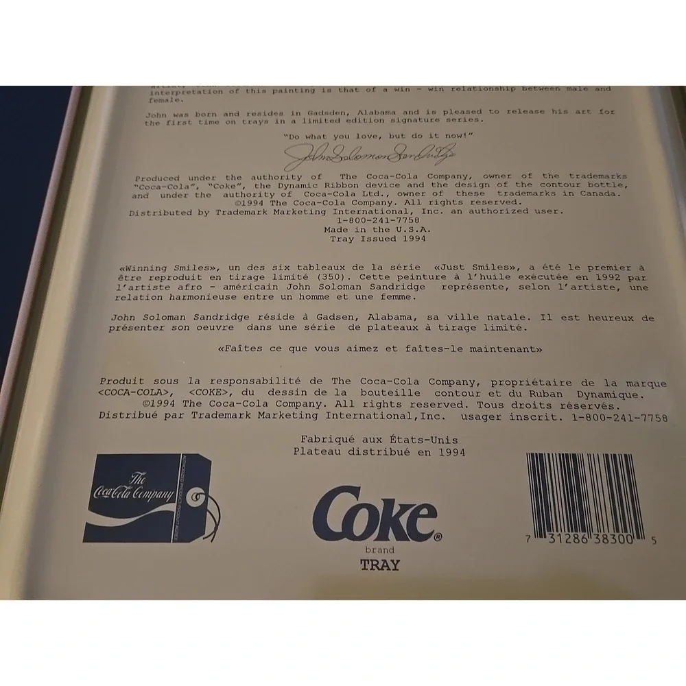 Vintage 1994 Coca Cola Tray Winning Smiles John Solomon